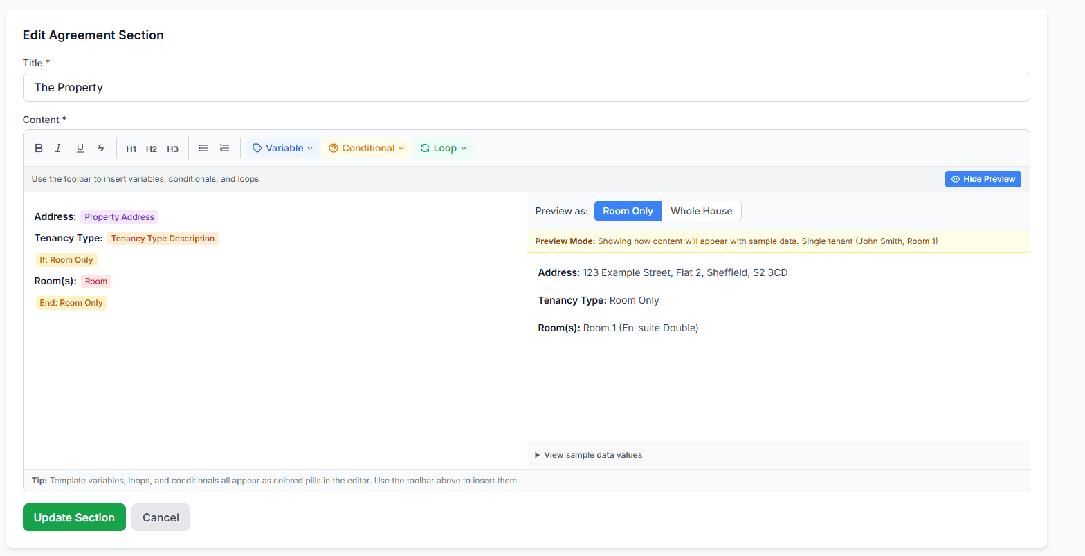 Agreement template editor with rich text, variables, and live preview