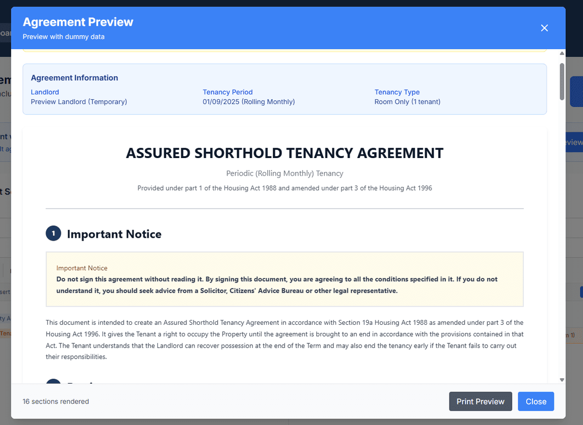 Agreement preview showing the full tenancy agreement document