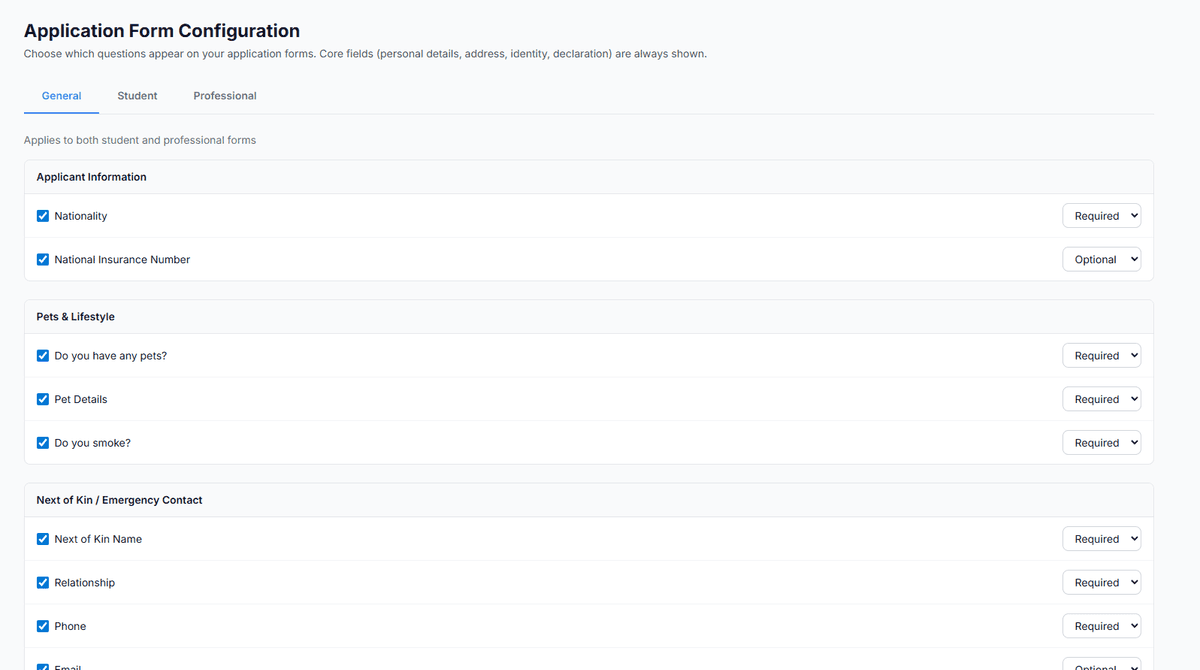 Application form configuration with customisable fields