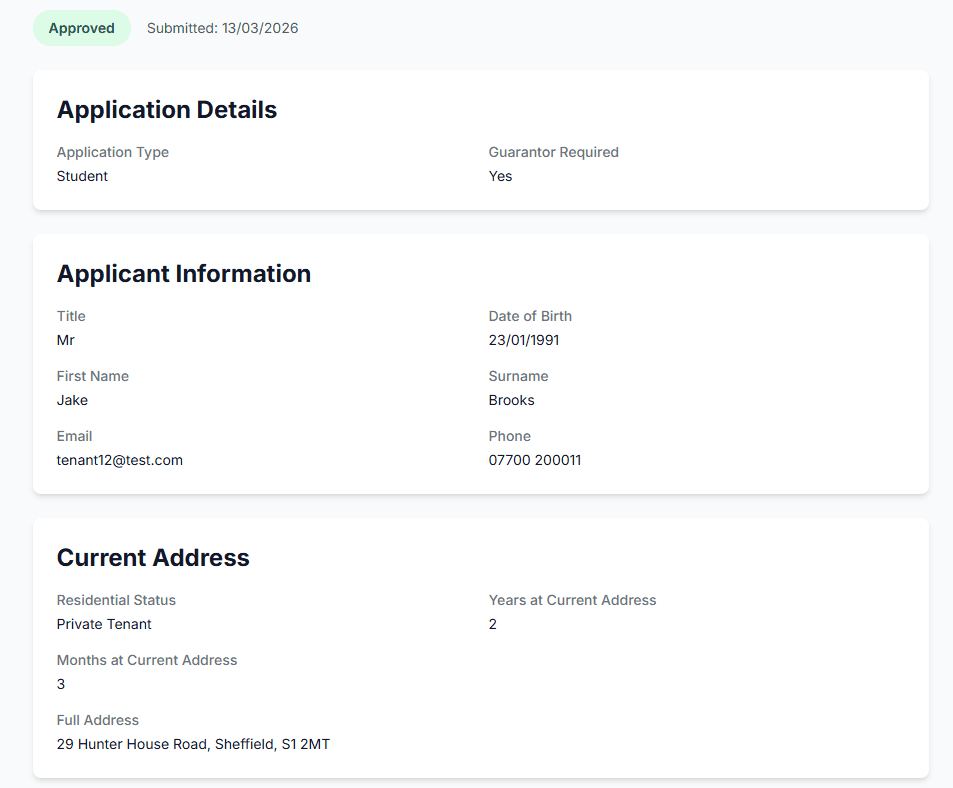 Completed application showing applicant details and status