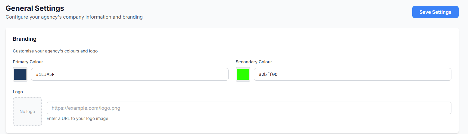 Agency branding settings with custom colours and logo configuration