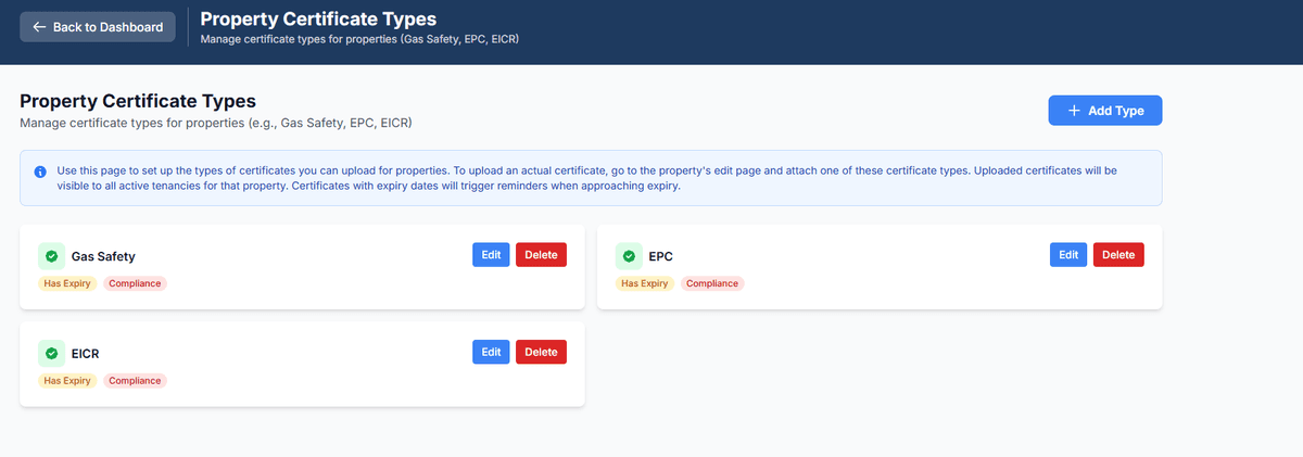 Property certificate types management for Gas Safety, EPC and EICR