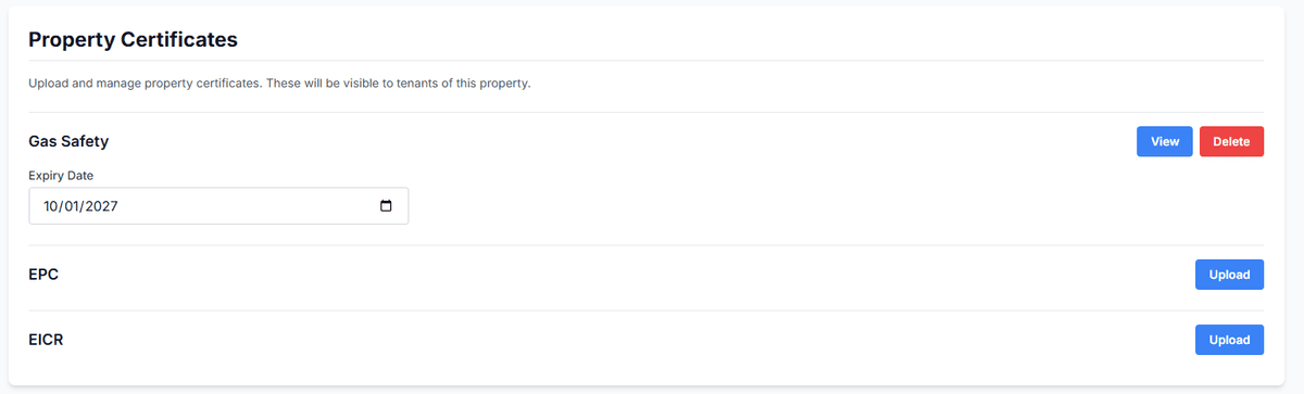 Property certificates upload with expiry date tracking