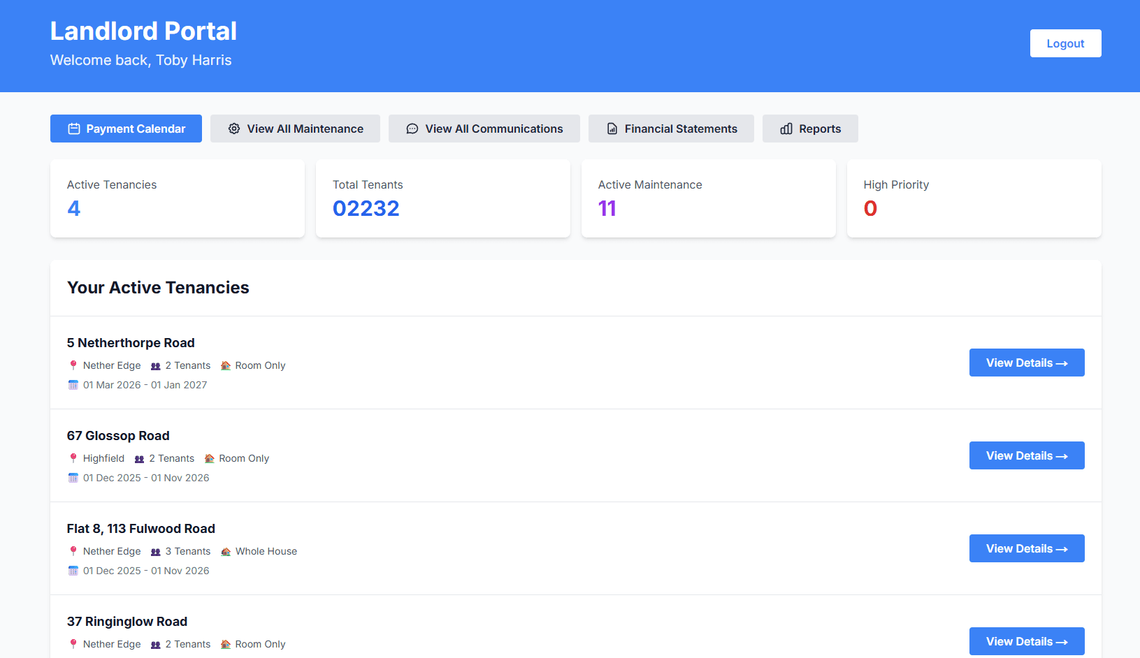Landlord portal dashboard showing active tenancies, tenant count and maintenance overview