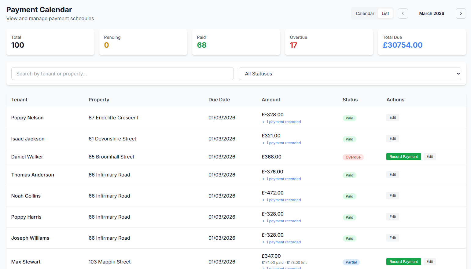 Payment calendar showing all scheduled payments with status indicators and amounts