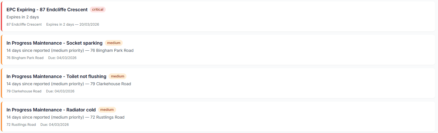 Active reminders showing certificate expiry and maintenance alerts with severity levels