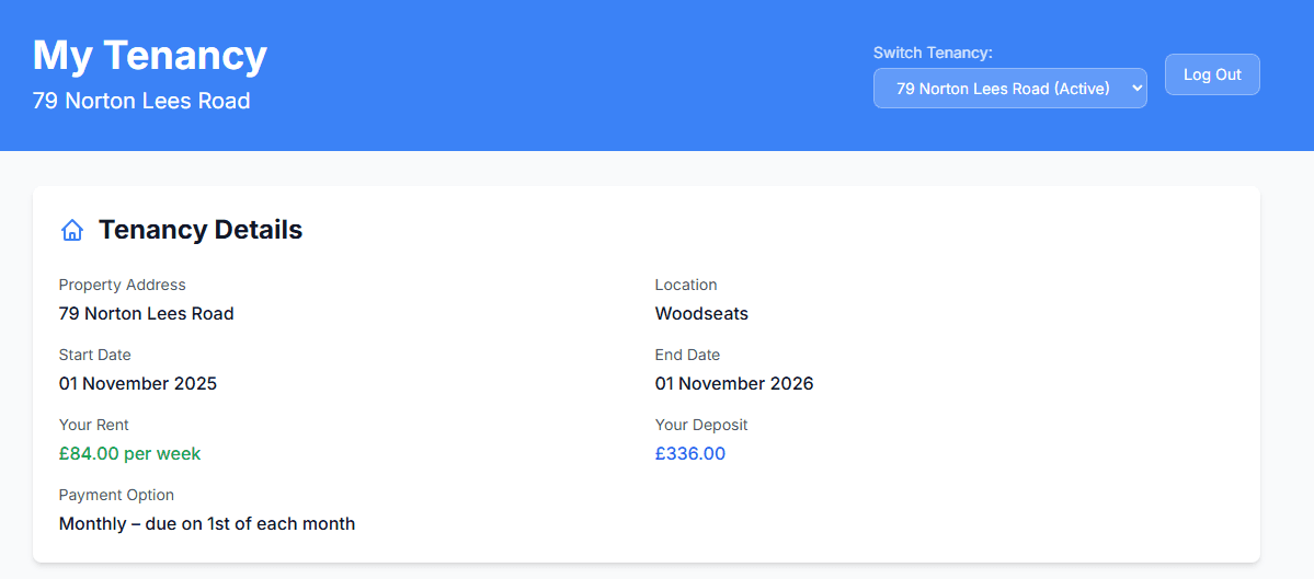 Tenant portal showing tenancy details, rent and deposit information